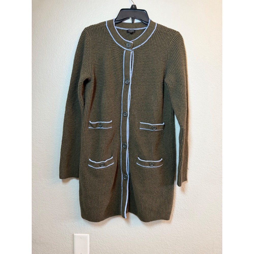 Talbots Olive Green Waffle Knit Longline Cardigan Sweater Blue Trim Small